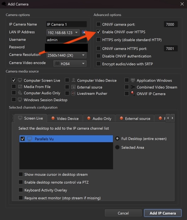 Enable ONVIF over HTTPS in ITVDesk camera settings