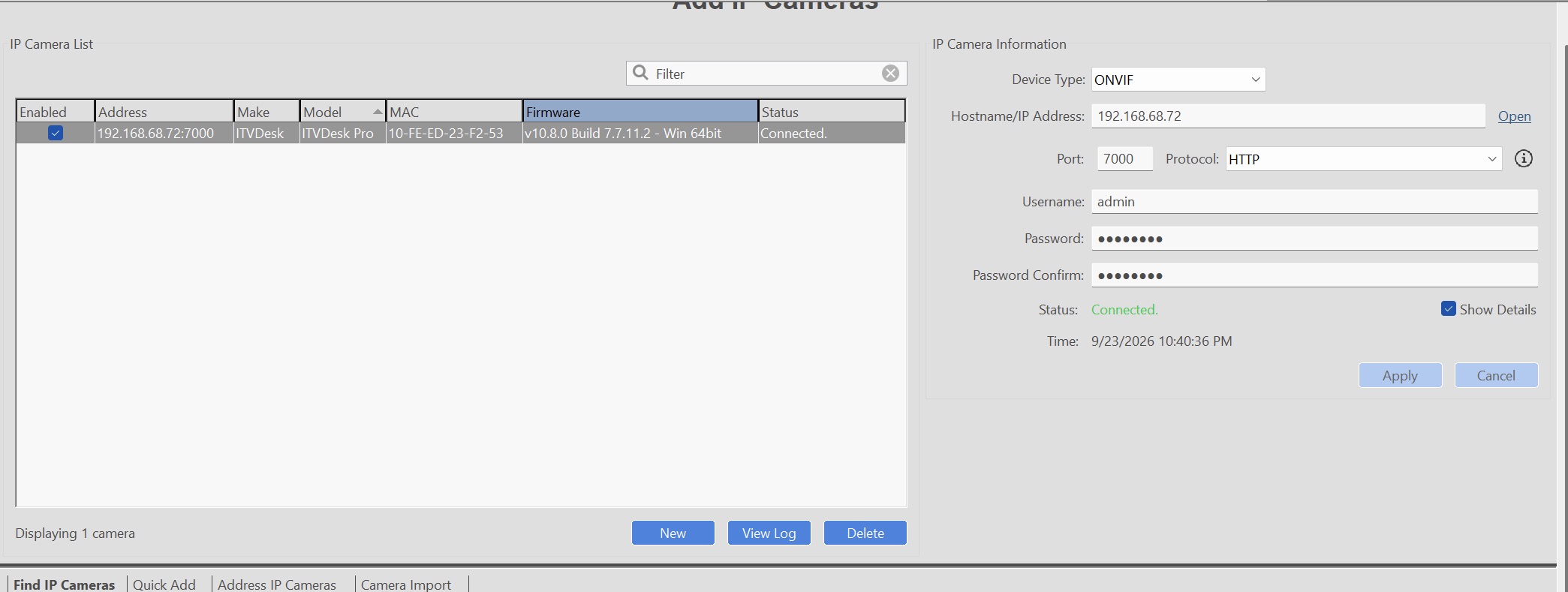 exacqVision connected to ITVDesk using ONVIF HTTP on port 7000