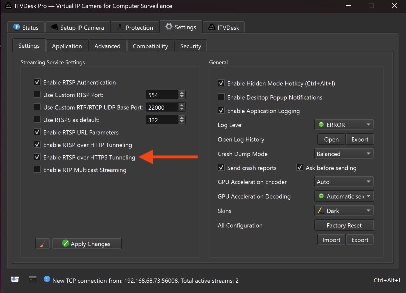 Enable RTSP over HTTPS Tunneling in ITVDesk Settings