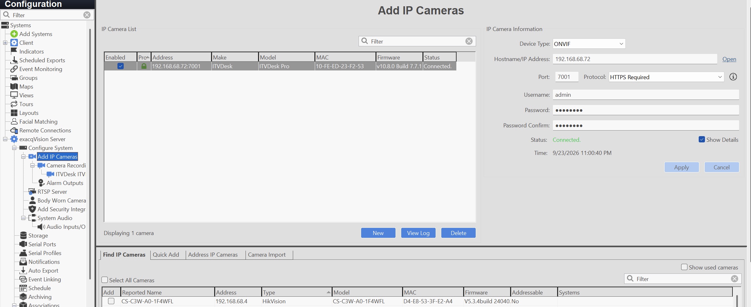 exacqVision connected to ITVDesk with HTTPS Required on port 7001