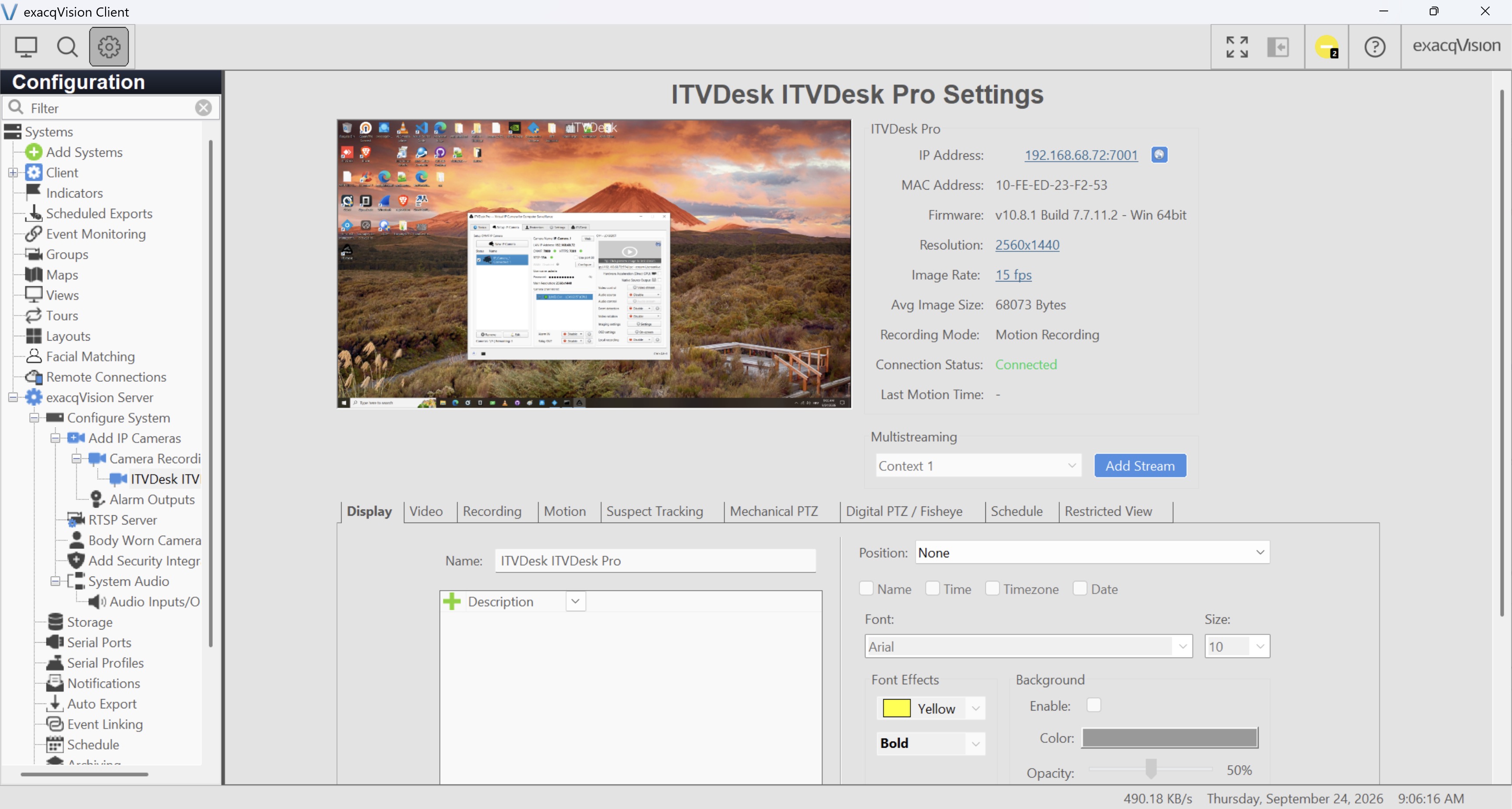 ITVDesk desktop video displayed in exacqVision with Connected status, 2560 by 1440 resolution and 15 fps