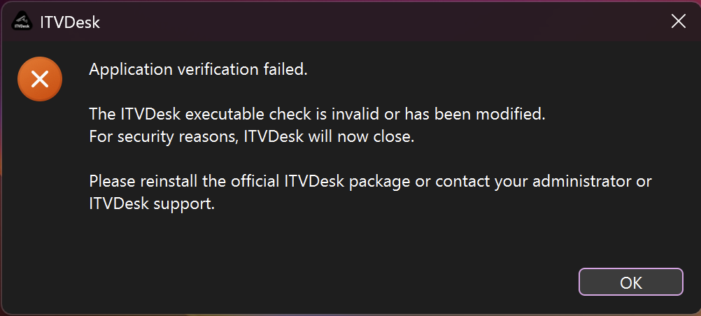 ITVDesk application verification failed security warning