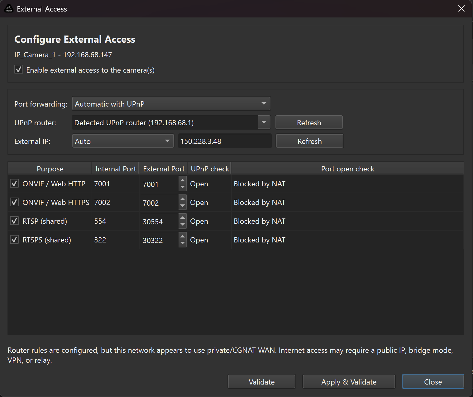 ITVDesk External Access dialog with automatic UPnP port forwarding for ONVIF HTTP, ONVIF HTTPS, RTSP and RTSPS