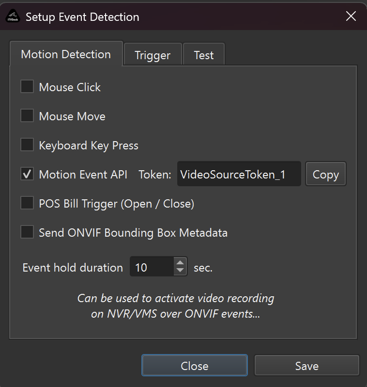 ITVDesk Motion Event API setting with Video Source Token and Copy button