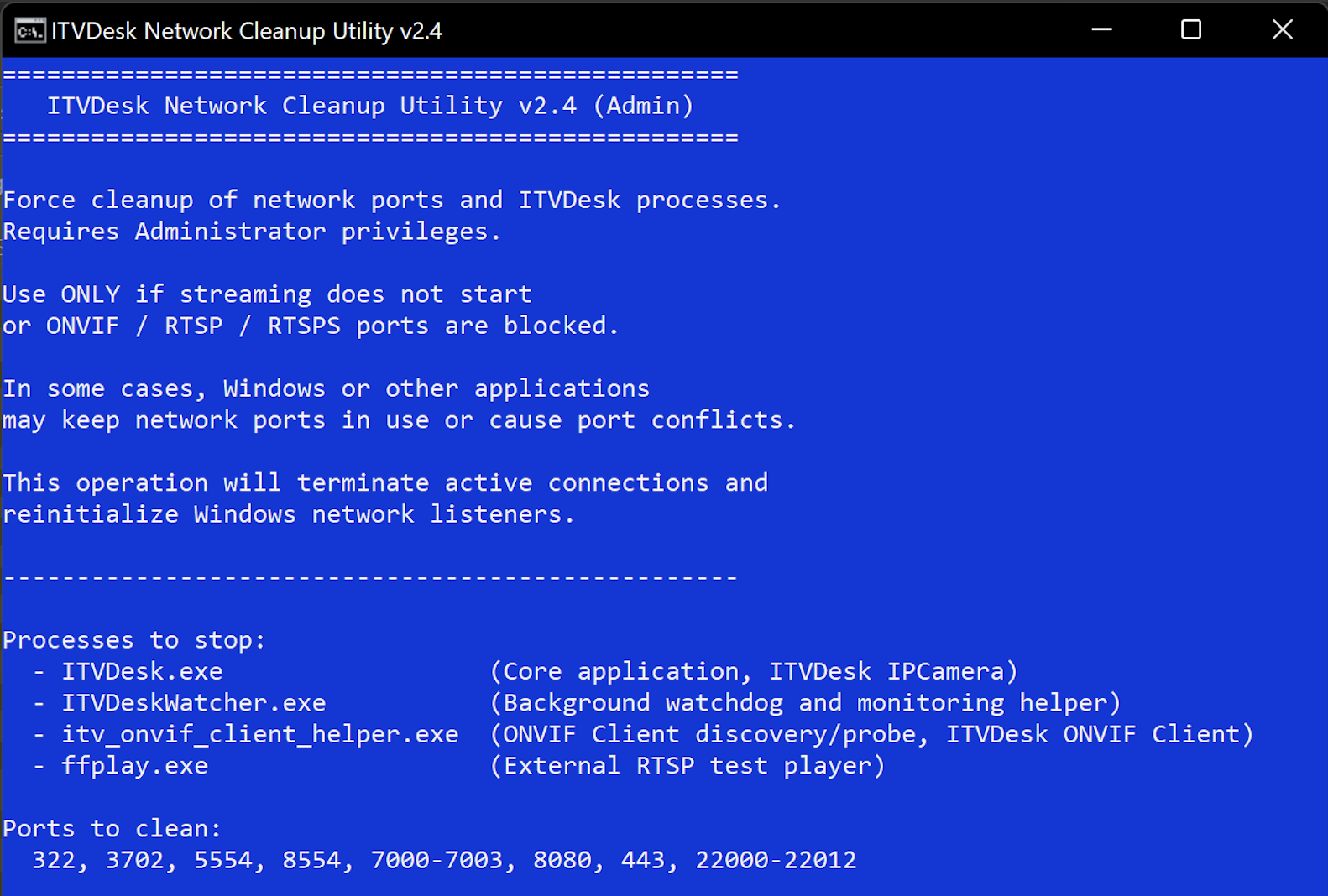 ITVDesk Network Cleanup Utility running as administrator