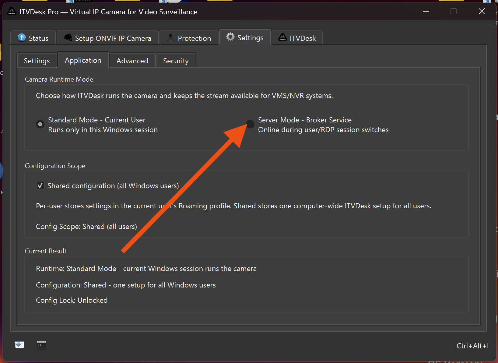 ITVDesk Settings Application tab showing Standard Mode and Server Mode Broker Service