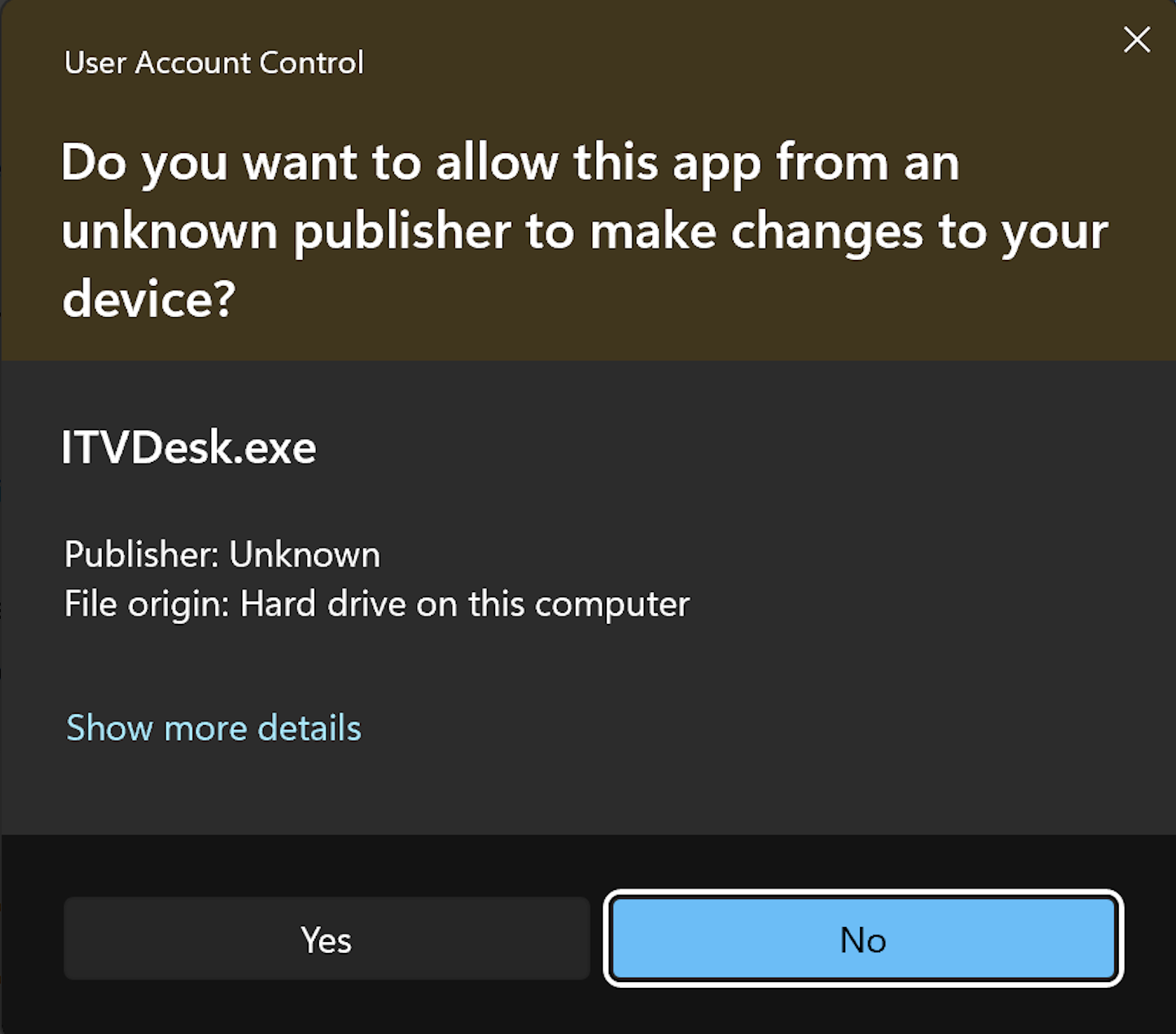 Windows User Account Control warning for ITVDesk executable